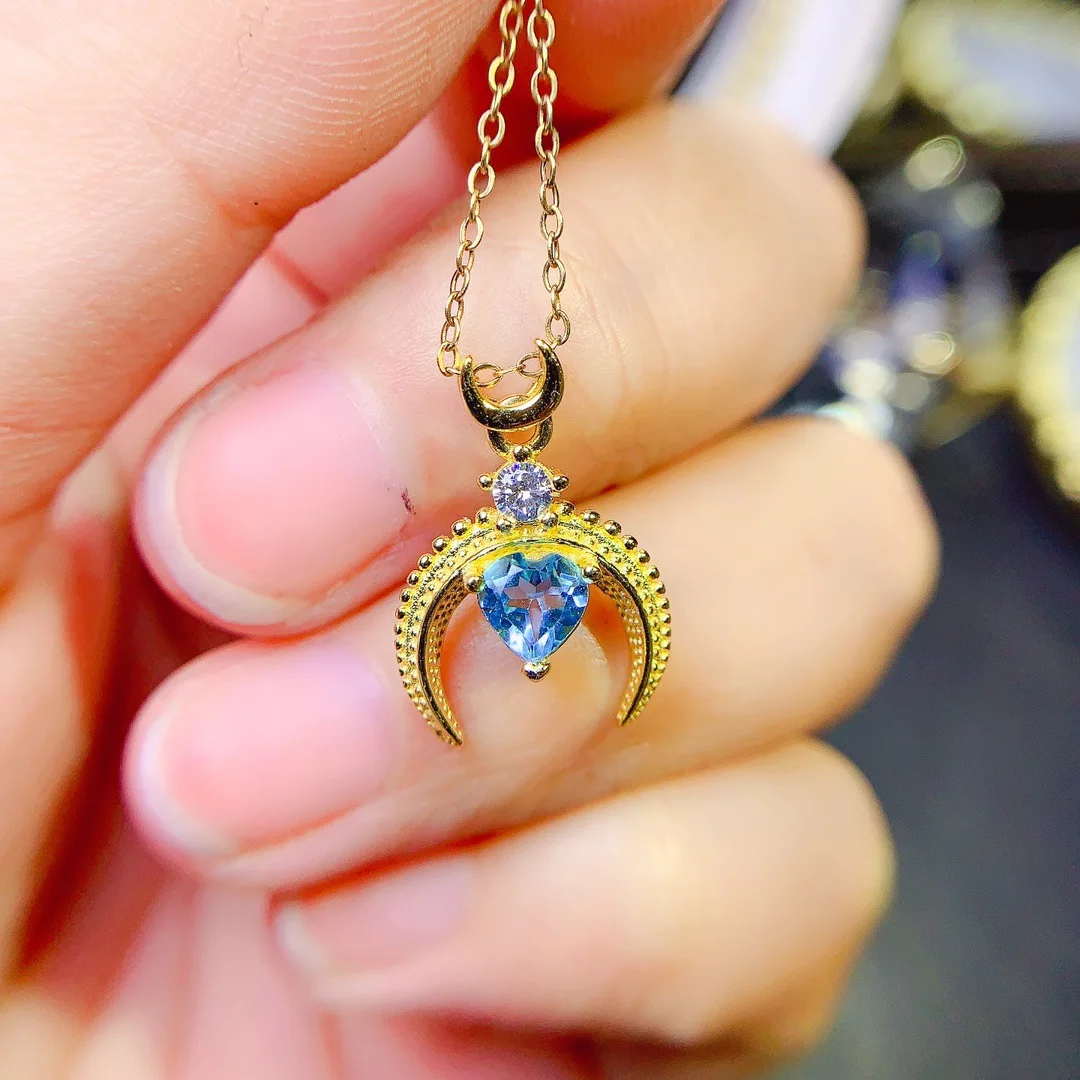 S925 Sterling Silver Natural Blue Topa Pendant Necklace for Ladies Gift Factory Wholesale Heart 5mm