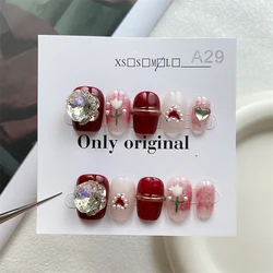 Handmade Red Press On Nails Reusable Adhesive Cute False Nails Shinning Manicure Larger Diamond Decoration Fingernail Wedding