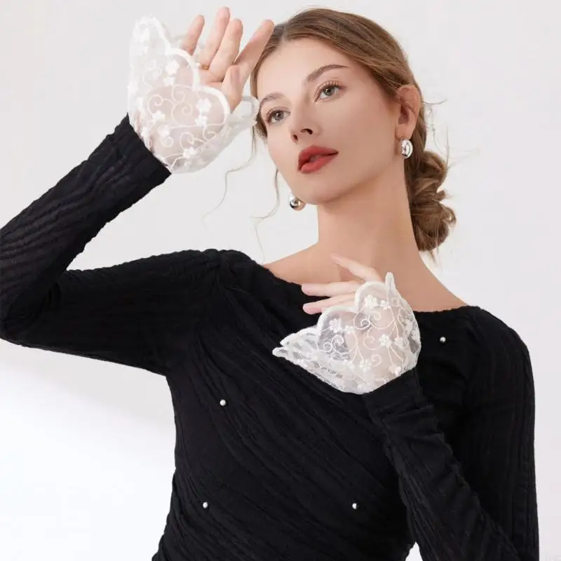 French Faux Sleeves Embroidery Flower Decorative Sleeves Wrist Cuffs Armwear 