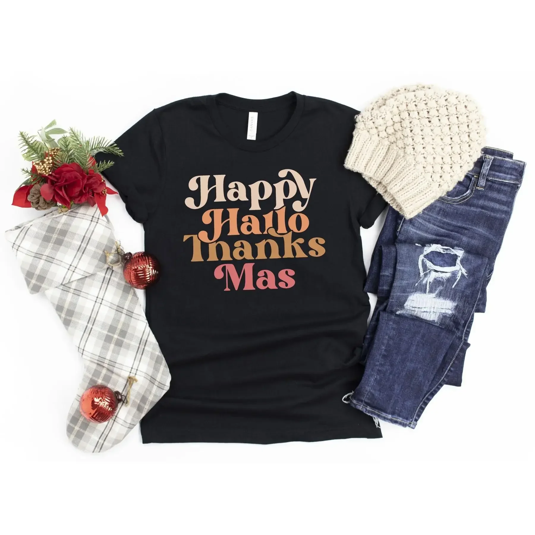 Happy Hallo Thanks Mas T Shirt Hello Winter Holiday Halloween Thanksgiving Tis The Season