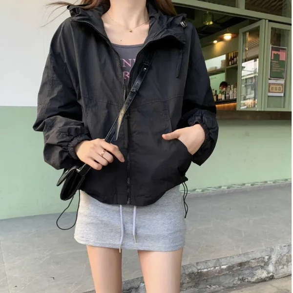 

Cute Pocket Double Zipper Sunscreen Crop Tops Women2023 Summer Loose UV Resistant Hooded Short Thin Jacket Female Dropshipping