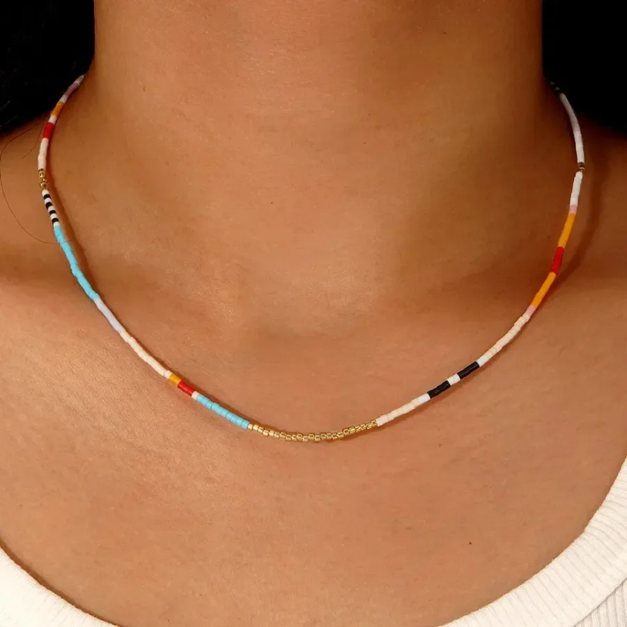 1pc Women's Fashion Necklace Vintage Bohemian Style Colorful Rice Bead Color Order Random Bead Necklace Daily Gift Giving