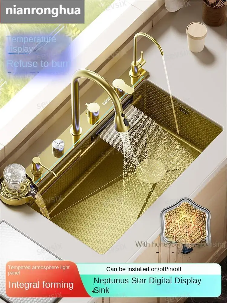 

Gold Golden 304 Stainless Steel Nano Kitchen Sink With 4-Function Touch Control Pannel Thickness 5MM Single Bowl undermount sink