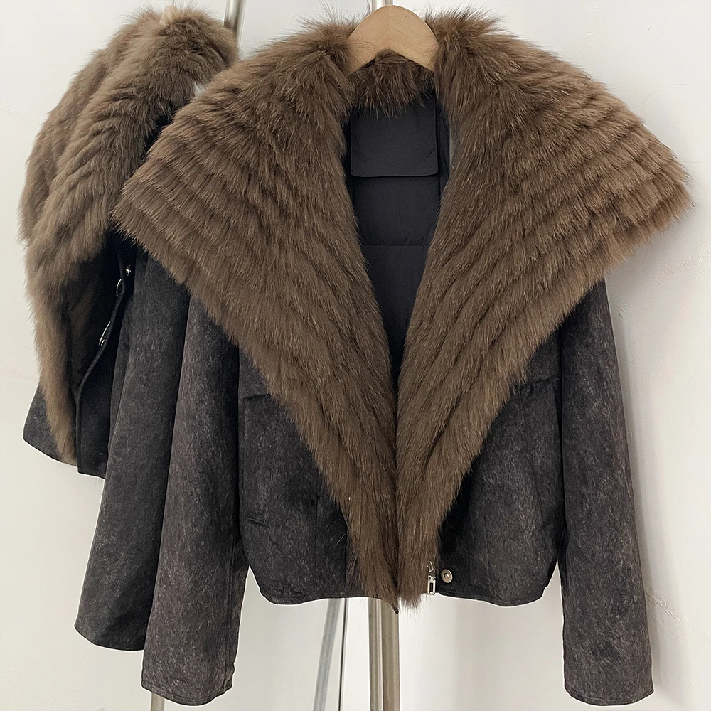 Woman Short Down Coat Genuine Fur Collar Jacket Cropped Down Jacket Ultra Warm Thermal Elegant for Winter Fashion Evening Wear