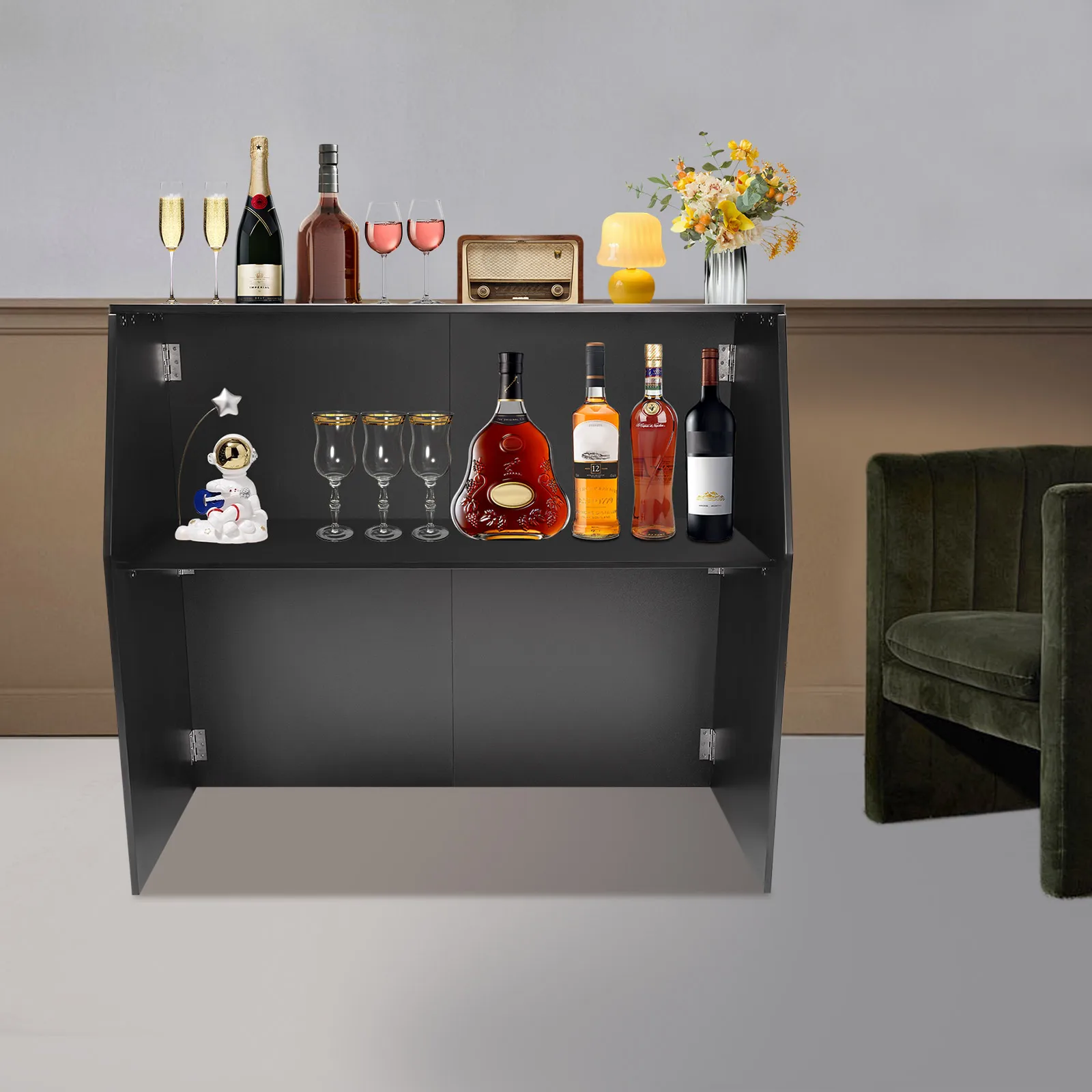 Foldable Bar, Portable Event Bar, 2-Tiers Black Bar Cabinet for Parties and Events