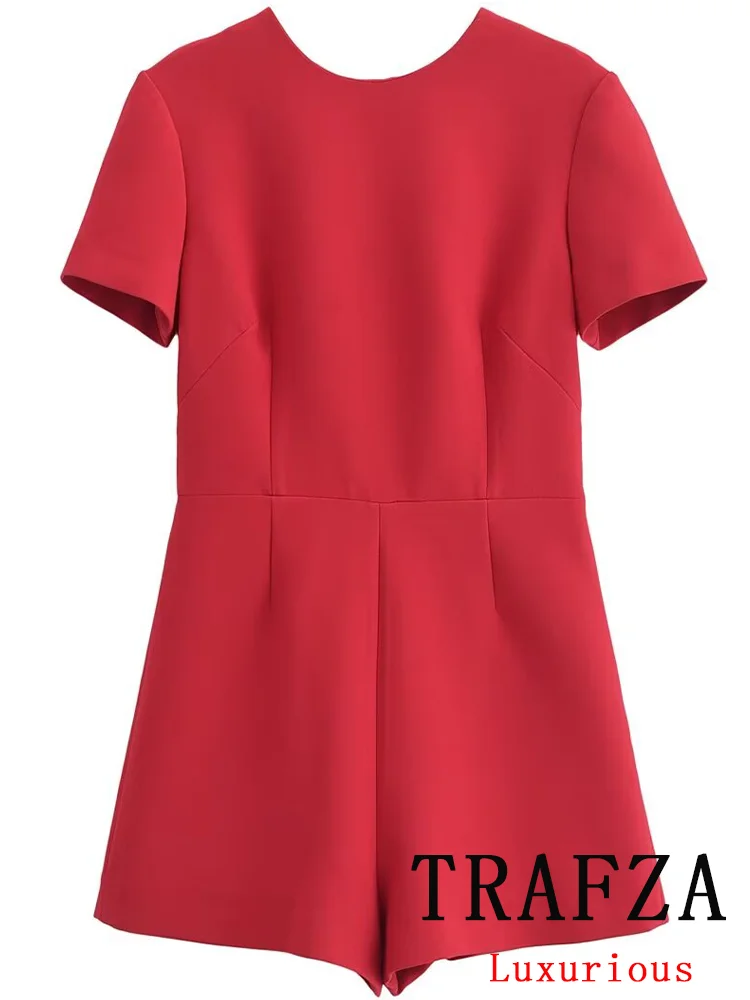 TRAFZA Vintage Casual Chic Women Red Solid O-Neck Bow Backless Straight Fashion 2024 Spring Summer Wide Leg Women Bodysuit