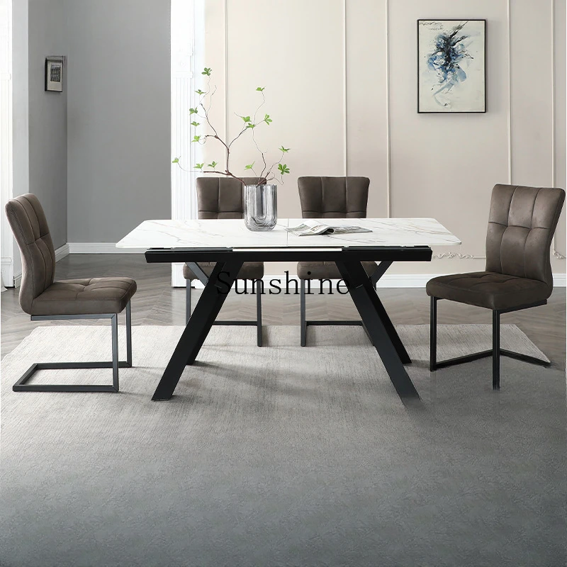 Small apartment retractable bright rock slab dining table carbon steel chassis dining table