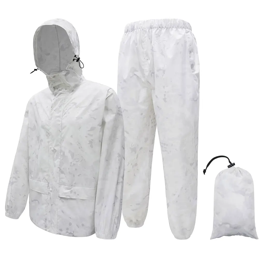 ホワイト迷彩折りたたみレインコートジャケットセットポータブルオートバイレインスーツ迷彩防水軍事戦術メンズサイクリング旅行