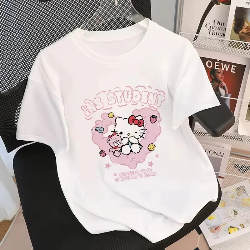 

MINISO Hello Cat Love Cute Style Girls T-Shirt San Fitting Short Sleeve Letter Loose Top Casual Cotton Short Sleeve Plus Size