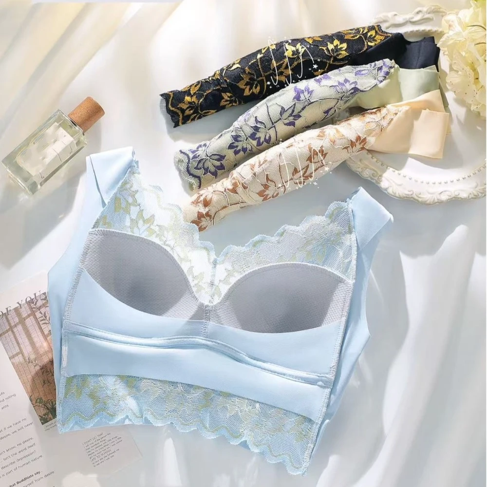 

Sweet Mesh Flower Wireless Deep V Bra Large Size Shockproof Push Up Underwear Lingerie Close-fitting Seamless Lace Bra Yoga