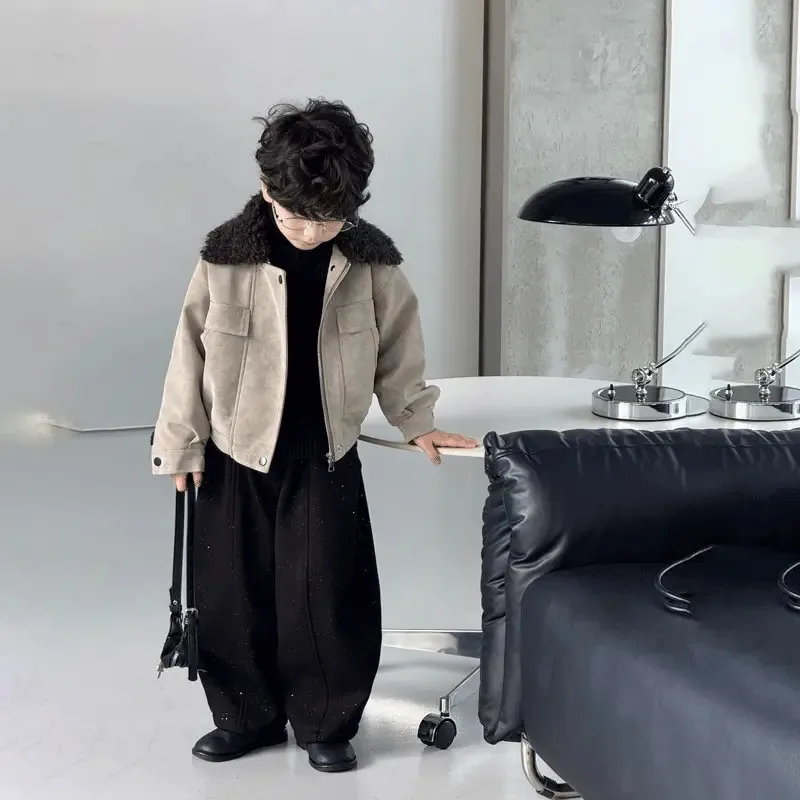 Autumn Winter Fashion Baby Boys Kid Plus Velvet Thick Coat+Loose Pants Children Casual 2Pcs Handsome Suits Sets Clothing Outwear