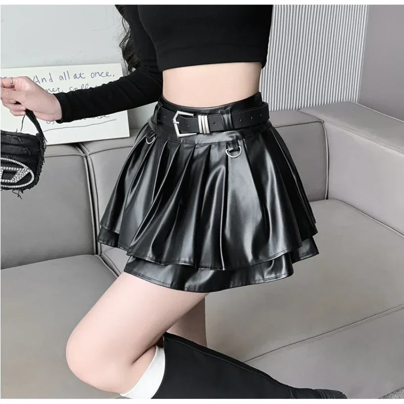 New Pleated Leather Skirts Women Korean High-waisted Solid A-line High Street Fashion Basics Short Skirt Female