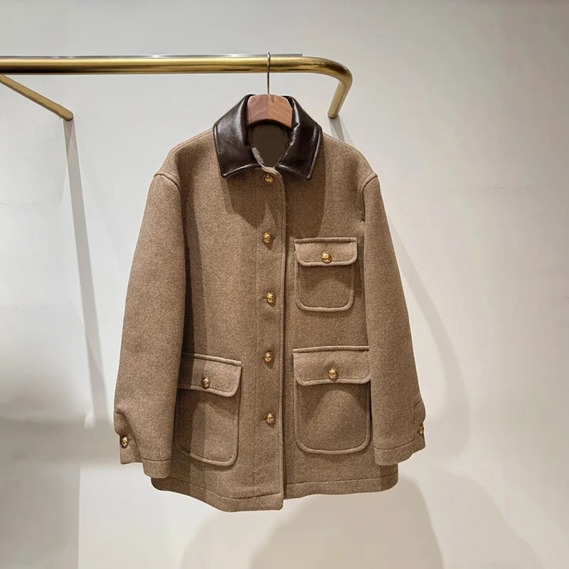 هدية مجانية】 معطف صوف سميك بنمط المال القديم لخريف وشتاء 2025، سترة مبطنة متوسطة الطول مع أزرار ذهبية #1