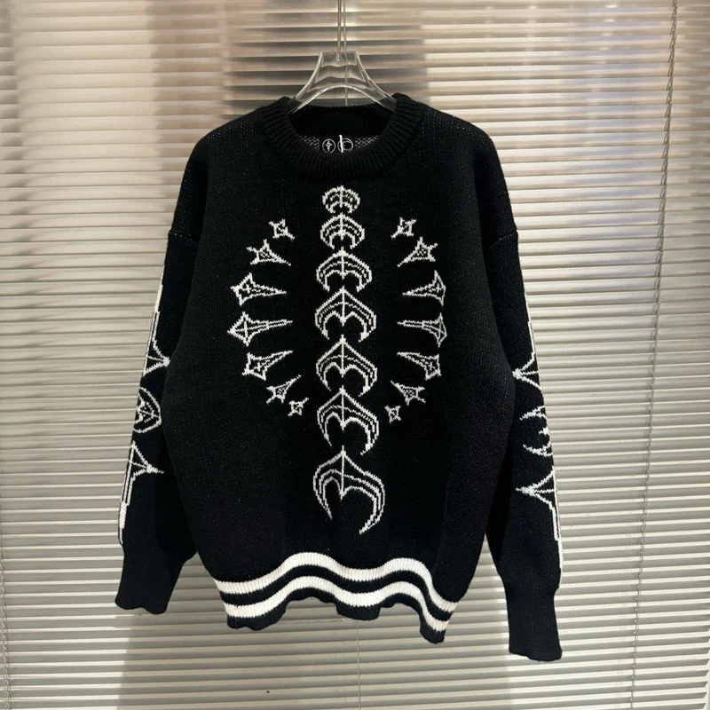 

High Street Thug Club Skeleton Moon Star Jacquard Knitt Sweater Men Women Casual Round Neck Vintage High Quality Loose Sweaters