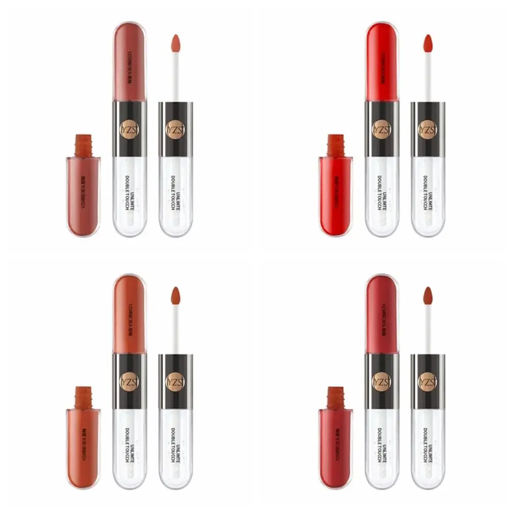 Matte Double Heads Lip Gloss Portable Mirror Silky Lipstick Moisturizing Non-Fading Lip Glaze Women