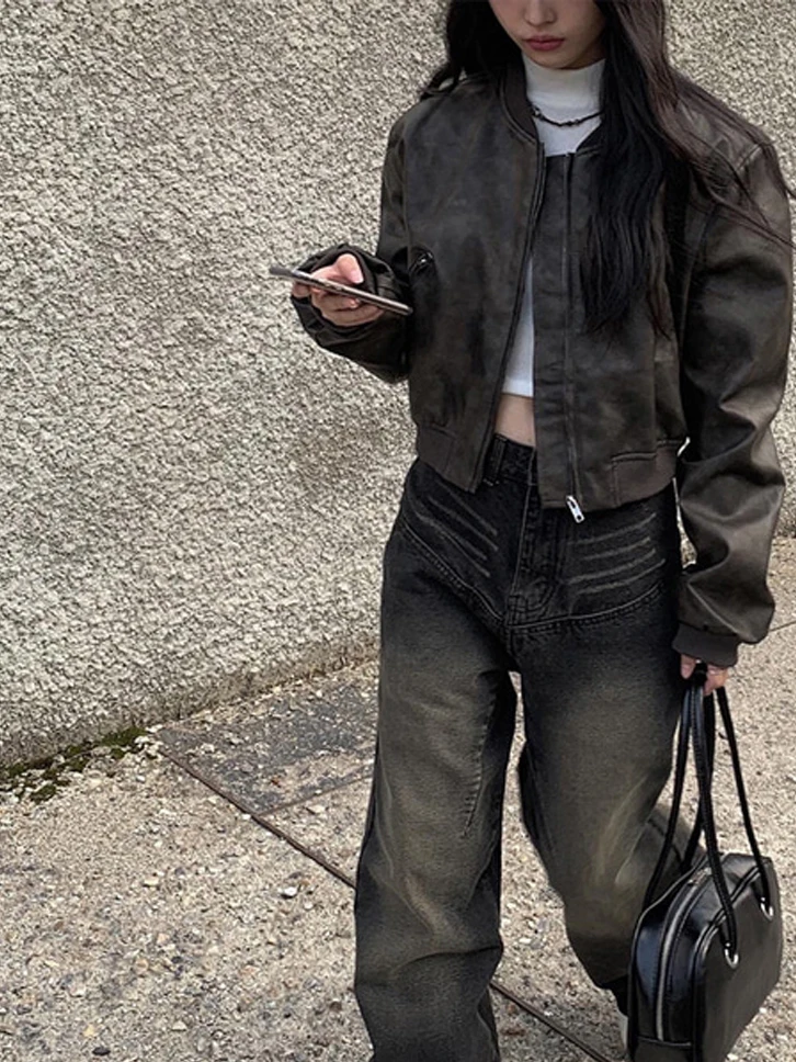 Stylish Vintage BF Style Loose Fit Collared Motorcycle Jacket Short Outerwear Women's Trendy PU Leather Coat Youth Spring Lon...