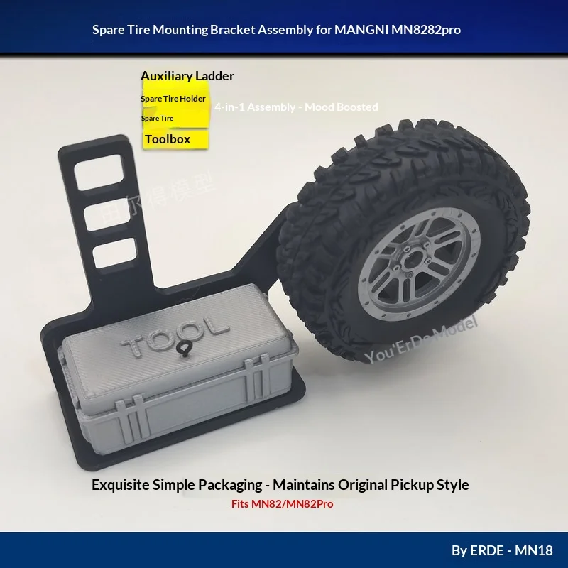 MN82 Spare Tire Carrier Mount With Ladder Tool Box Rear Bumper Kit 1 12 RC Crawler Upgrade Exterior Accessory Set