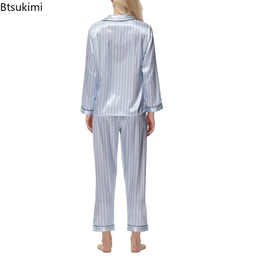 Women 2PCS Ice Silk Pajamas Set Spring Autumn Long Sleeve Button Up Shirt and Casual Loose Elastic Pants Sleepwear Loungewear
