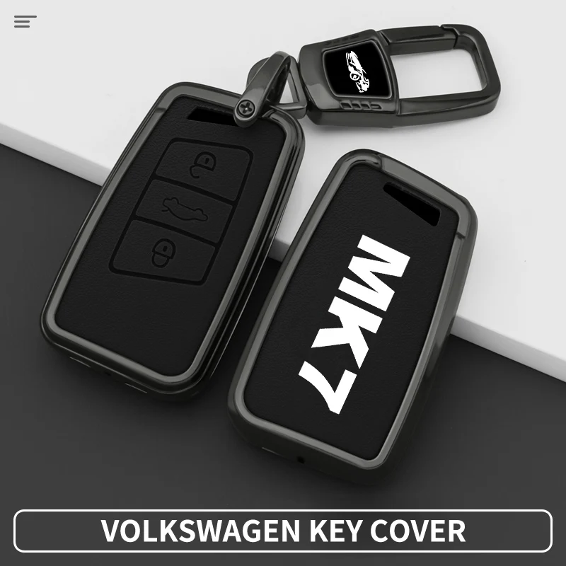 3 Button Smart Car Key Fob Cover For VW Golf MK7,Rectangle Full Wrap Key Shell, Zinc Alloy Leather MK7 Key Case with Keychain