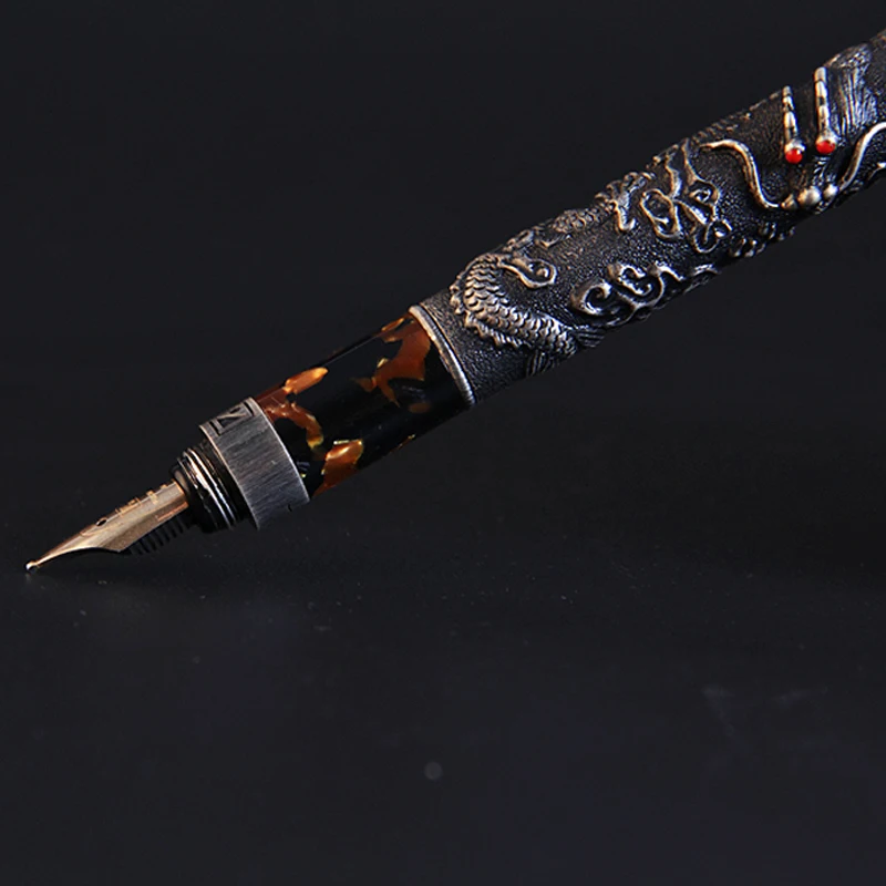 Fuliwen Metal Ancient Gray Dragon Design Celluloid Grip 14K Gold Nib Fountain Pen 0.7mm Ink Pen Writing Tool