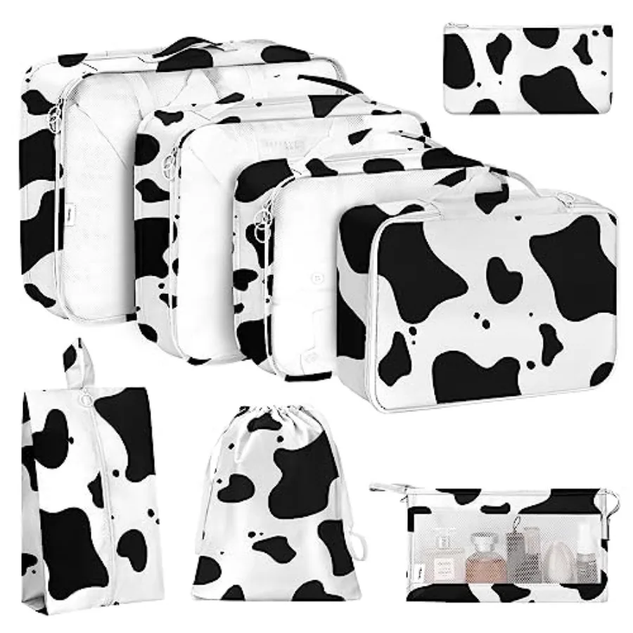 8 Set Packing Cubes for Travel, Luggage Packing Organizers Accessories Large Toiletries Bag for Clothes Shoes Cosmetics Cow