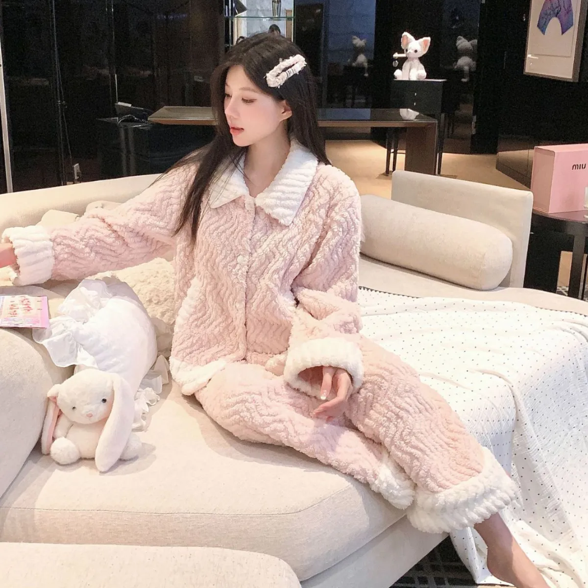 

Flannel Fleece Winter Women's Pajama Sets Thickened Warm Home Clothes Suite Sleepwear Long Sleeve Loungewear Trousers Set Woman