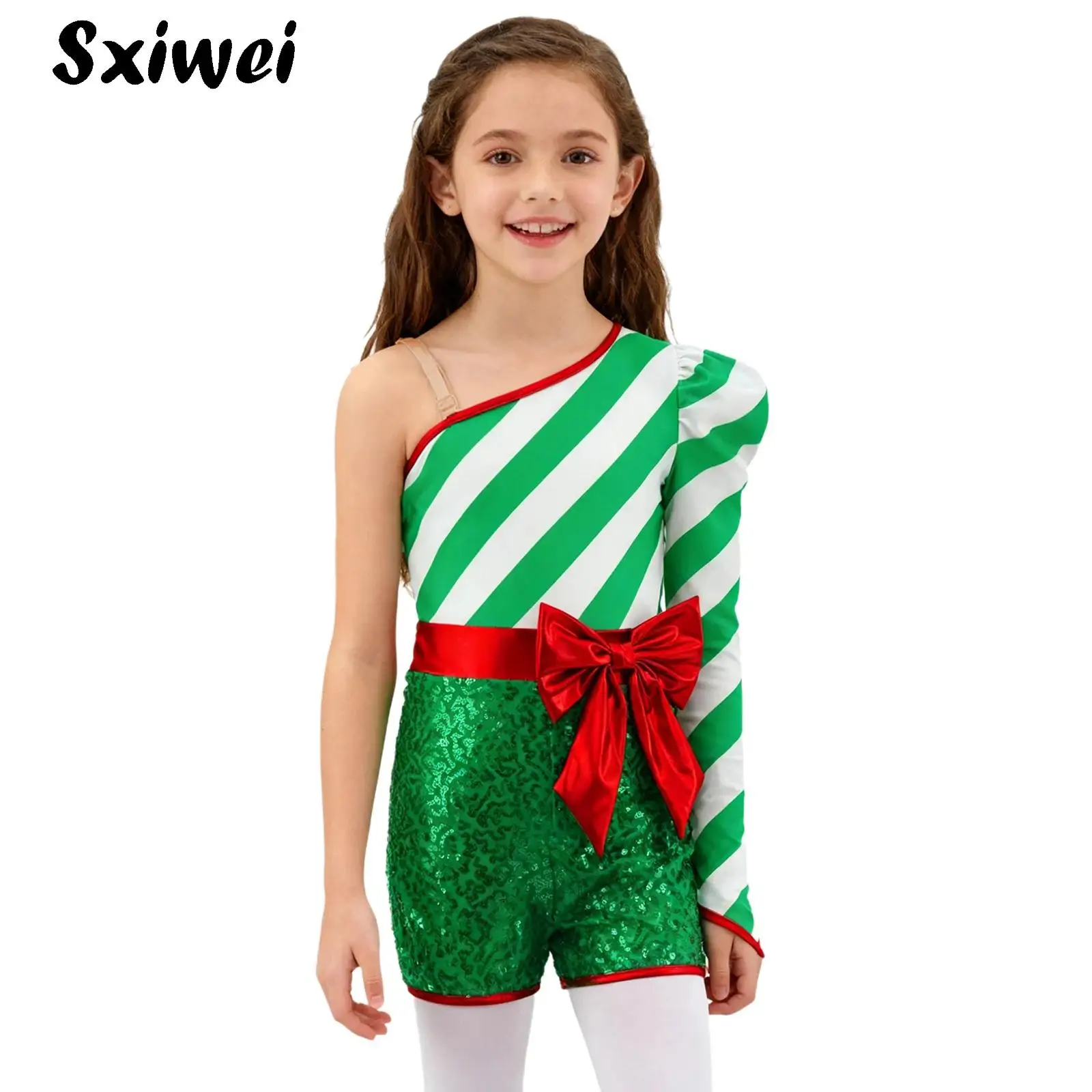 Body de baile de Navidad con bastón de caramelo y lentejuelas, mono para niñas con un hombro, disfraz de Papá Noel para vacaciones de Navidad, Ropa de baile