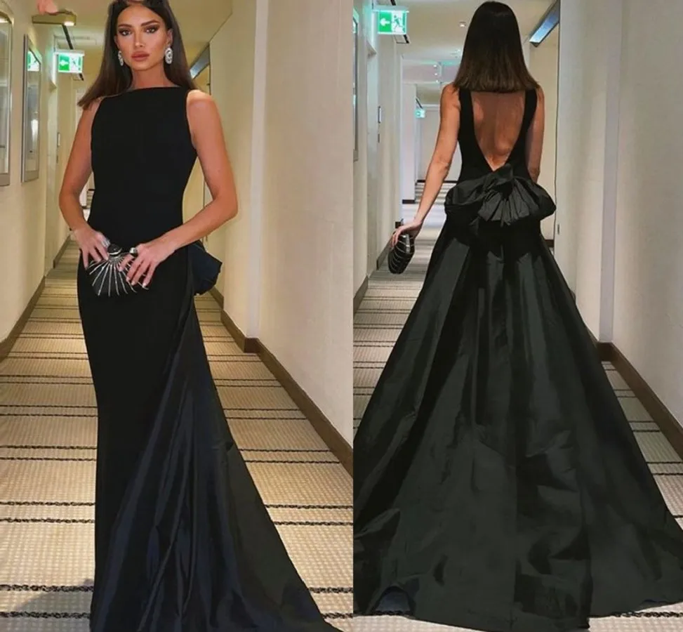 2025 Arabic Dubai Black Evening Dresses Boat Neck Backless Bow Formal Prom Party Gowns A-line Vestidos Feast Robe De Soiree