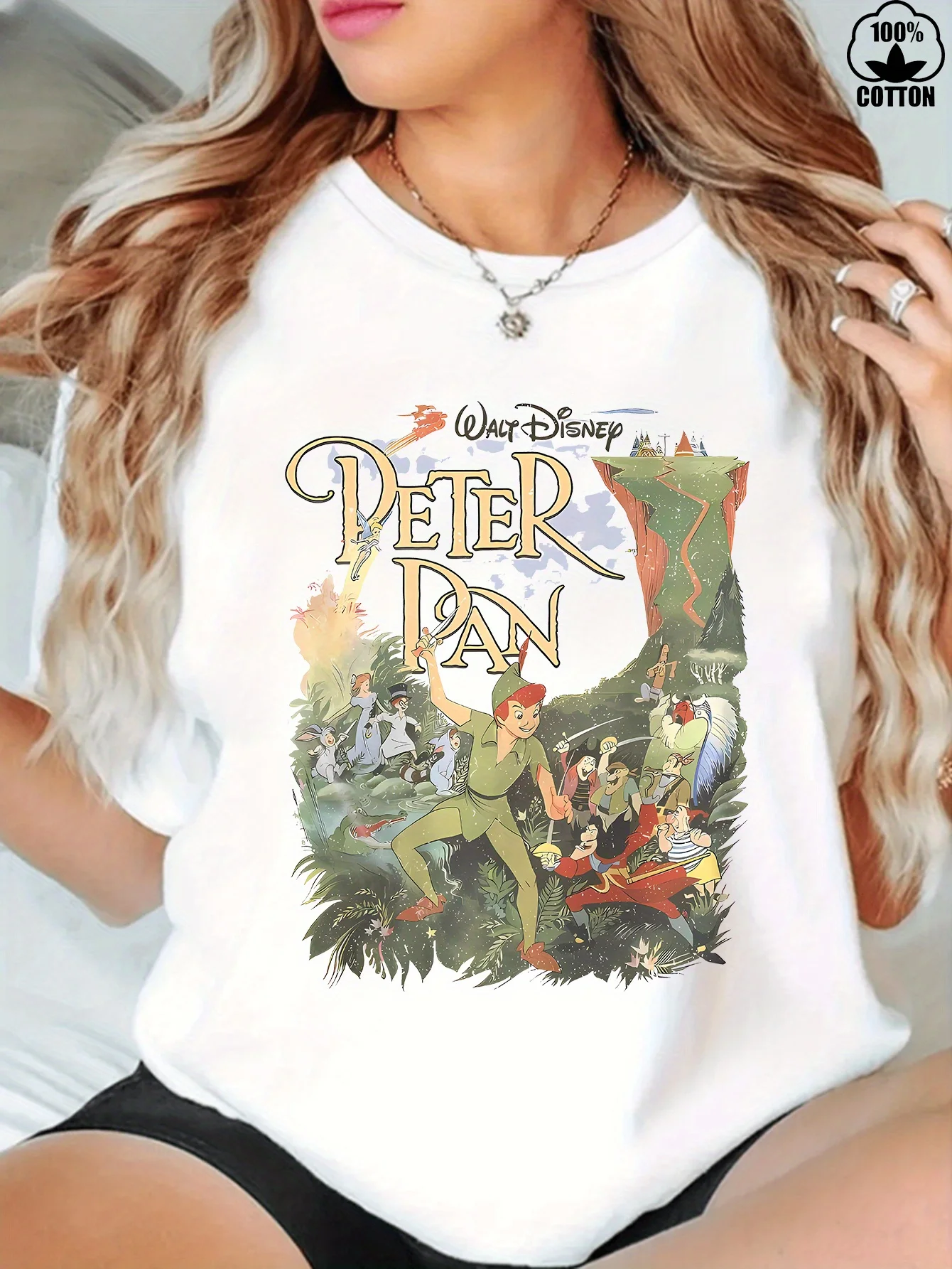

Disney Peter Pan & Neverland Graphic Women's T-Shirt - 100% Soft Breathable Fabric, Casual Short Sleeve Tee with Vibrant Fairy