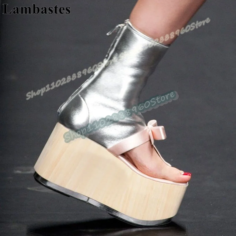 

Silver Leather Bowknot Platform Flip Flops Sandal Boots Flats Women Shoes Back Zipper Open Toe Catwalk Luxury Trendy Women Shoes