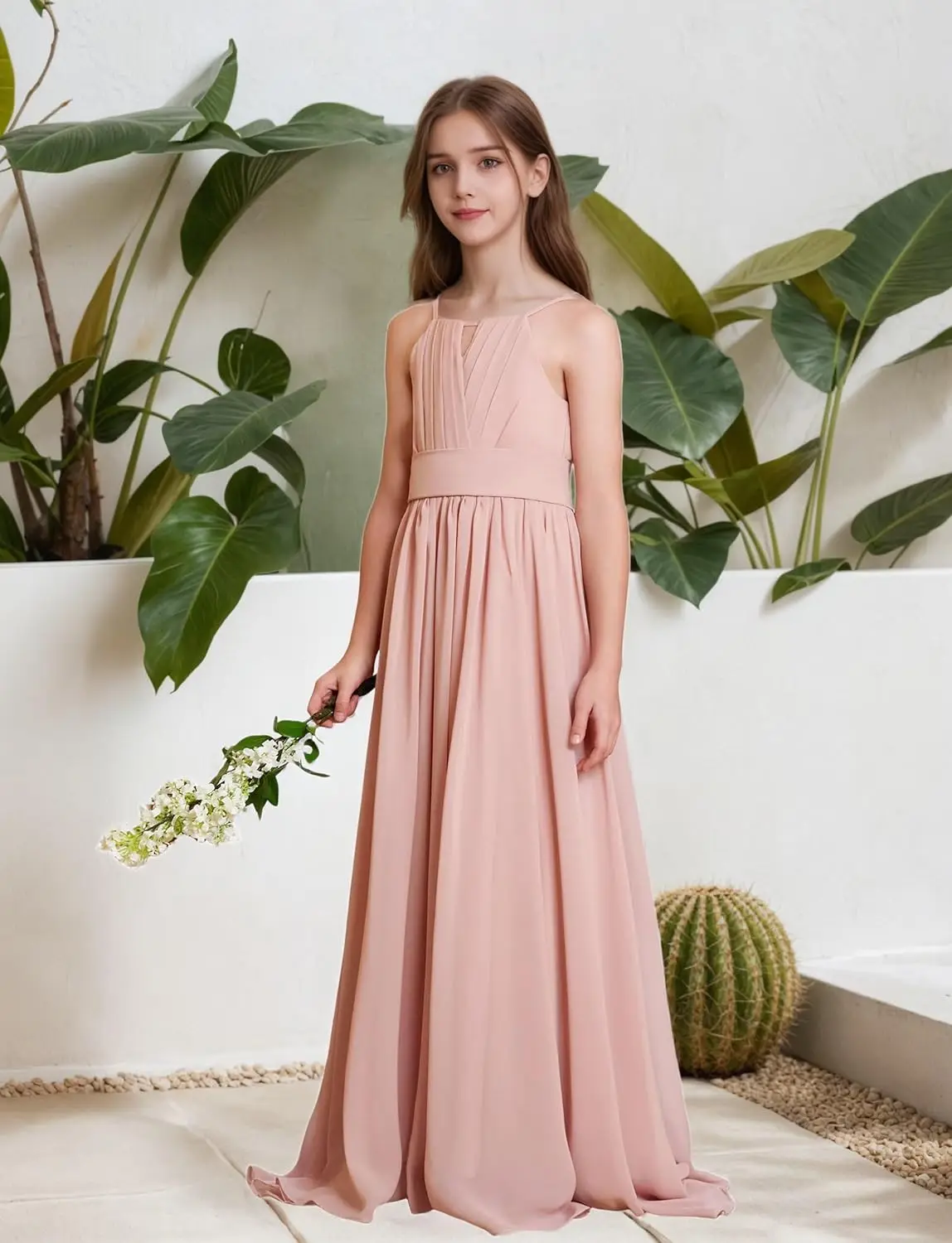 Meninas júnior vestidos de dama de honra a linha halter chiffon maxi vestido longo para adolescentes casamento pageant festa vestido da menina