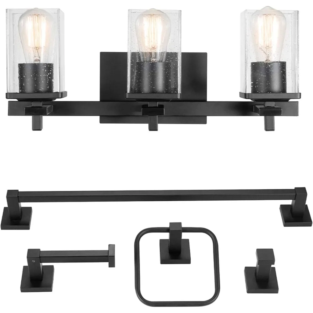 

Globe Electric 51634 Dakota 5-Piece All-in-One Bathroom Set 3 Vanity Light with Seeded Glass Shades, Bar, Toilet Paper Holder, T