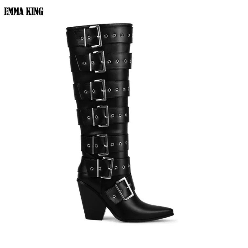 Pointed Toes Vintage Side Belt Buckle Decoration Knee High Boots Platform High Block Heels Brown Black Women‘s Shoes Winter