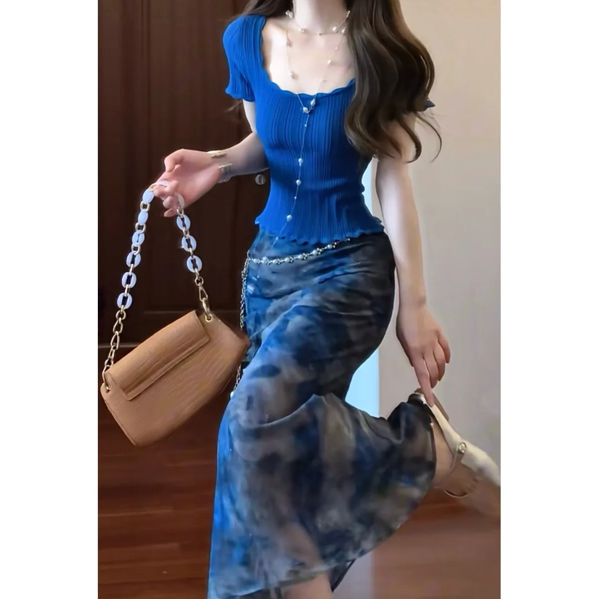 

Blue Lace Short Sleeve Knitted Top And High Waist Skirt Two Piece Set Women's Slim Fit Summer Fashion Outfit