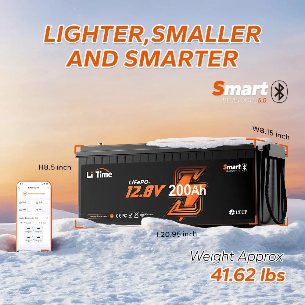 12V 200Ah LiFePO4 Lithium Deep Cycle Battery Bluetooth, Low-Temp Protection, 2560Wh Energy Max. 1280W Load, Built-in 100A BMS