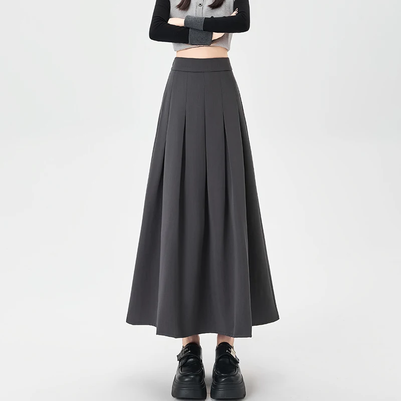 Autumn High Waist Simple Basic Women Skirt Casual Loose Solid Color Chicly Woman Skirt Black Gray Fashion A-Line Skirt Female