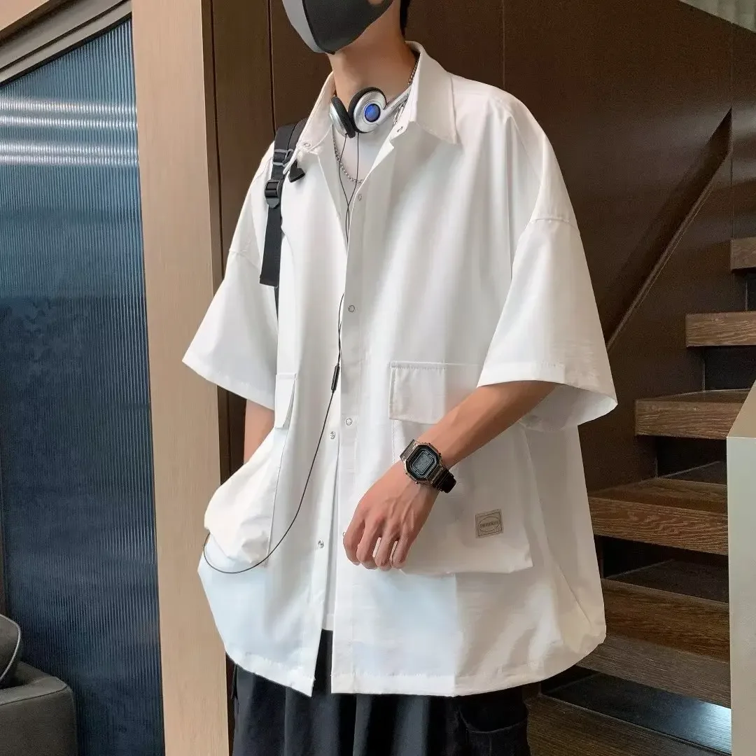 Men's Retro Large Pocket Cargo Shirt Jacket Coat Summer Loose Casual Short Sleeved Shirt For Men Y2k Japan Korea Streetwear