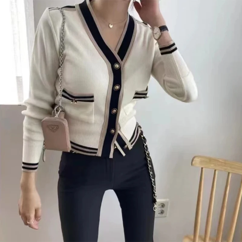 2023 New Fall Winter European Clothes Cardigan Knitted Sweater Chic Sexy Striped Button Up Women Long Sleeve Casual Tops 311003