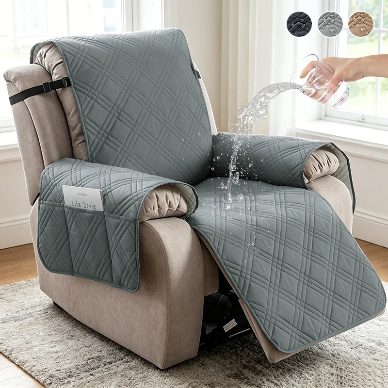 Thick Water Repellent Recliner Sofa Cover Protector with Elastic Strap for Reclining Chair Side Pocket Washable Couch Case