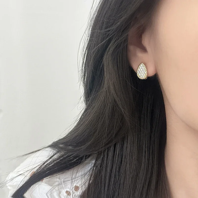 リアル 925 スターリングシルバー 14 18K ゴールドジルコンウォータードロップフープイヤリング女性のためのクラシックファインジュエリーミニマリストアクセサリー