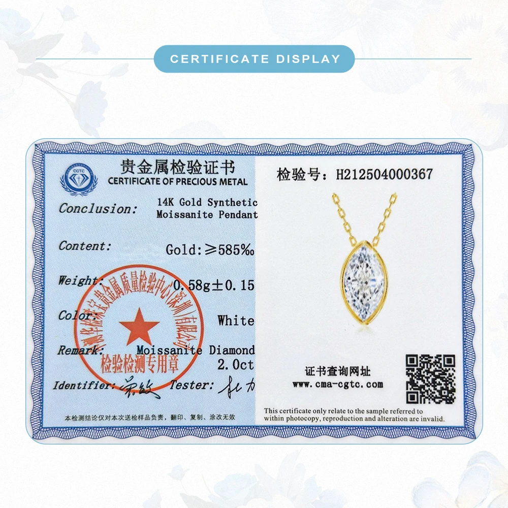 14K Gold Solitaire Necklaces for Women Marquise Moissanite Diamond Pendant D VVS1 Two Wearing Methods Wedding Engagement Gifts