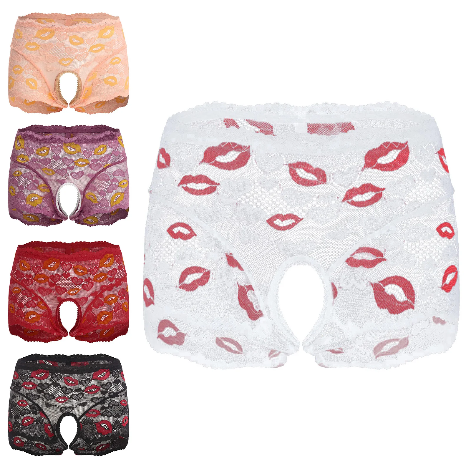 Celana Dalam Renda Pola Hati Bibir Wanita Celana Dalam Tembus Pandang Selangkangan Terbuka Pinggang Tinggi Lingerie Menggoda untuk Pakaian Bulan Madu Ulang Tahun