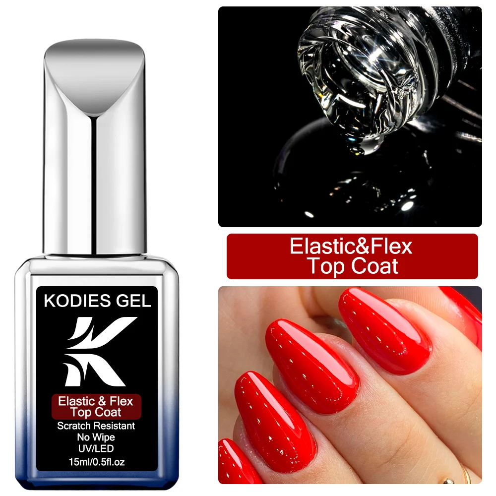 KODIES GEL Flex Top Coat UV Gel Nail Polish Diamond Hard Shine Gel Varnish 15ML Semi Permanent No Wipe Topcoat Finish Cover Lak