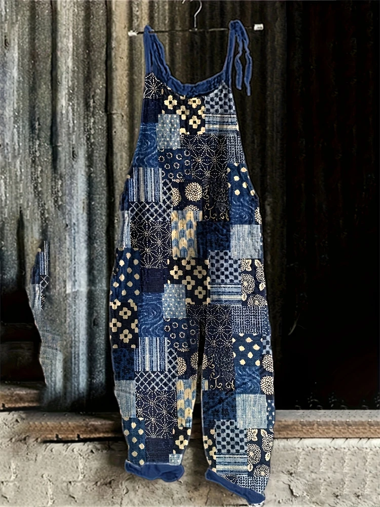 

2025 Summer New Women's Lace-up Jumpsuit Fashion Casual Womens Retro Splicing Printed Pants Parent-child Outdoor Travel Clothing