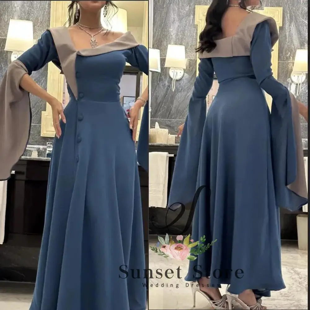 

Customized Irregularity Neckline Prom Dresses Front Side Button Formal Evening Party Gown Split Flare Sleeves Maxi Dress