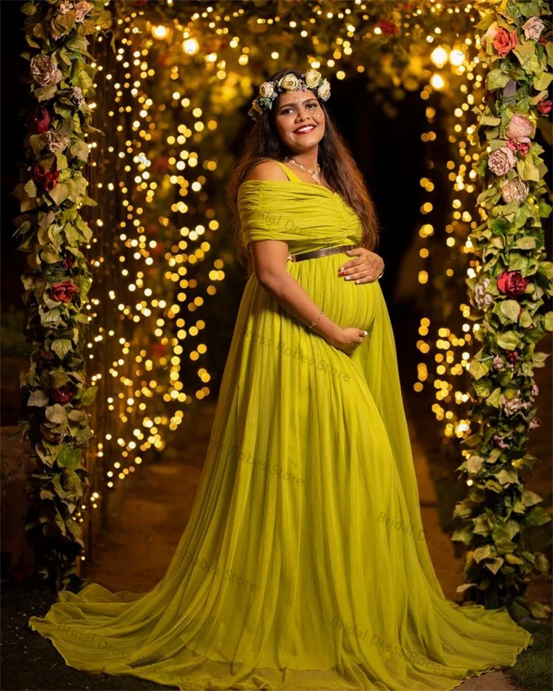 

Luxury Women Maternity Dress for Photo Shoot With Gold Belt Bridal Tiered Tulle Robe Wedding Pregnant Prom Skirt Customized