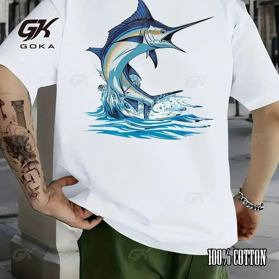 Men's Streetwear Marlin Fish Graphic T-Shirt - White Short Sleeve Summer Tee with Jumping Splash Print,Great with Jeans