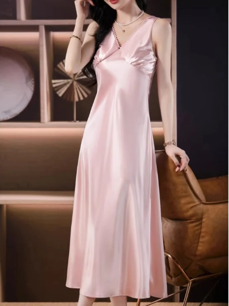 여성을위한 여름 하이 엔드 실크 수면 복장 중간 긴 경사 컷 새틴 파자마 조끼 드레스 W174