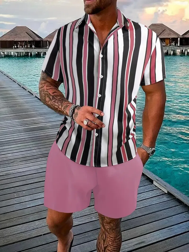 Summer Stripe 3D Print Men Shirt Sets Fashion Short Sleeve Shirt Oversized Casual Beach Shorts Streetwear Hawaiian Suits Clothes