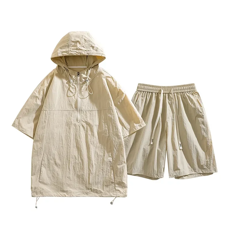 

Men's Beige Half Sleeve Hoodie Shorts 2-Piece Set Loose Fit Casual Sportswear